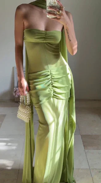 Vestido longo verde único, sem alças, franzido, para baile, vestido formal de noite Y8505