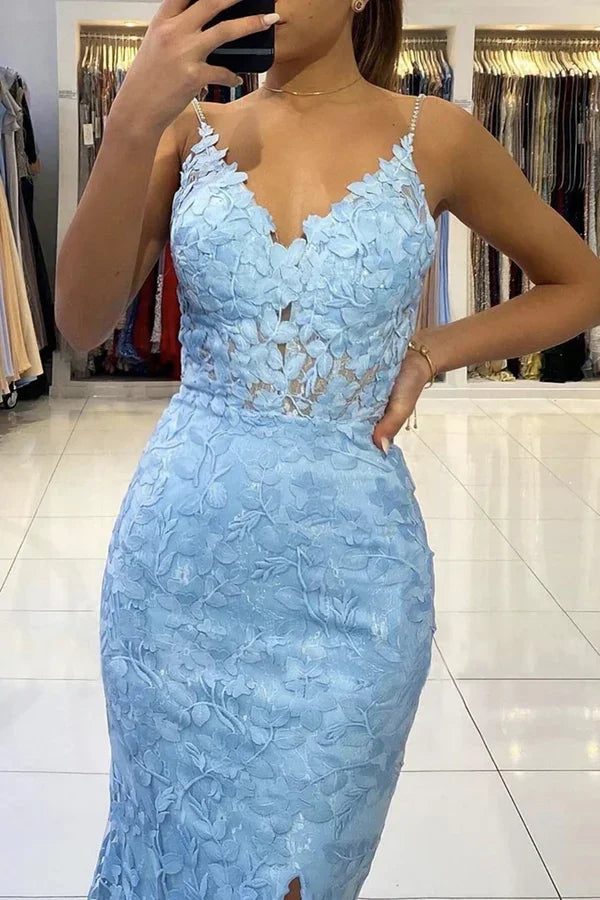 Abito lungo da sera a sirena con scollo a V e schiena scoperta in pizzo blu, abito formale a sirena in pizzo blu, abito da sera in pizzo blu Y1465