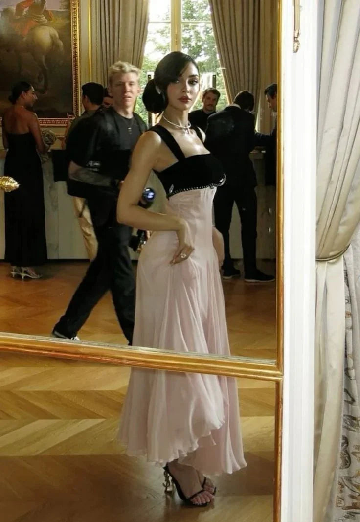 Vestido de Festa Elegante com Alças Rosa Linha A Longo Vestido de Noite Y7900