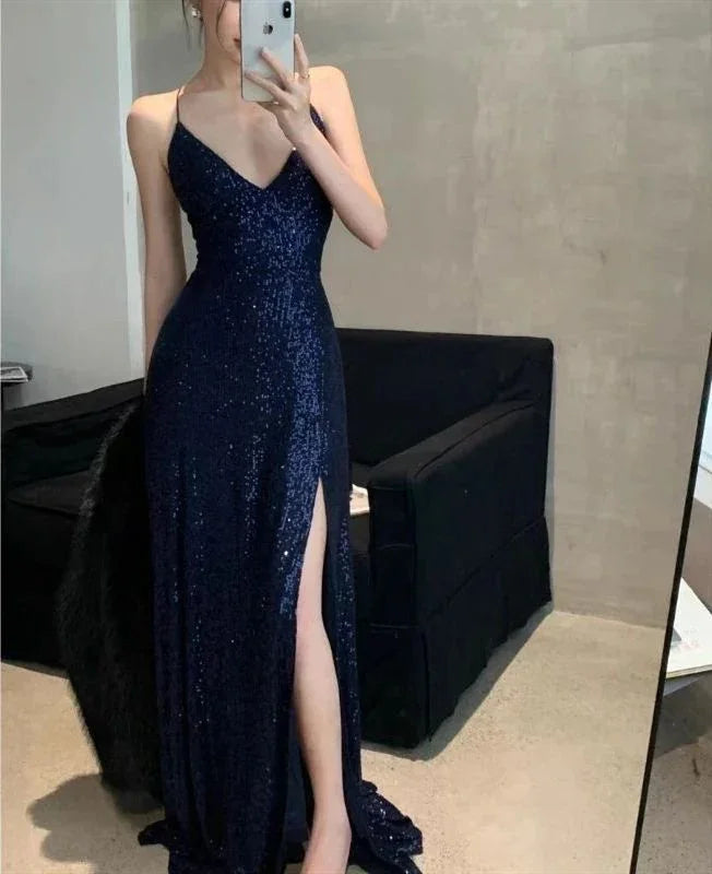 Vestido de Noite Comprido Azul Marinho Sexy com Decote em V e Fenda Vestido de Baile Y7798