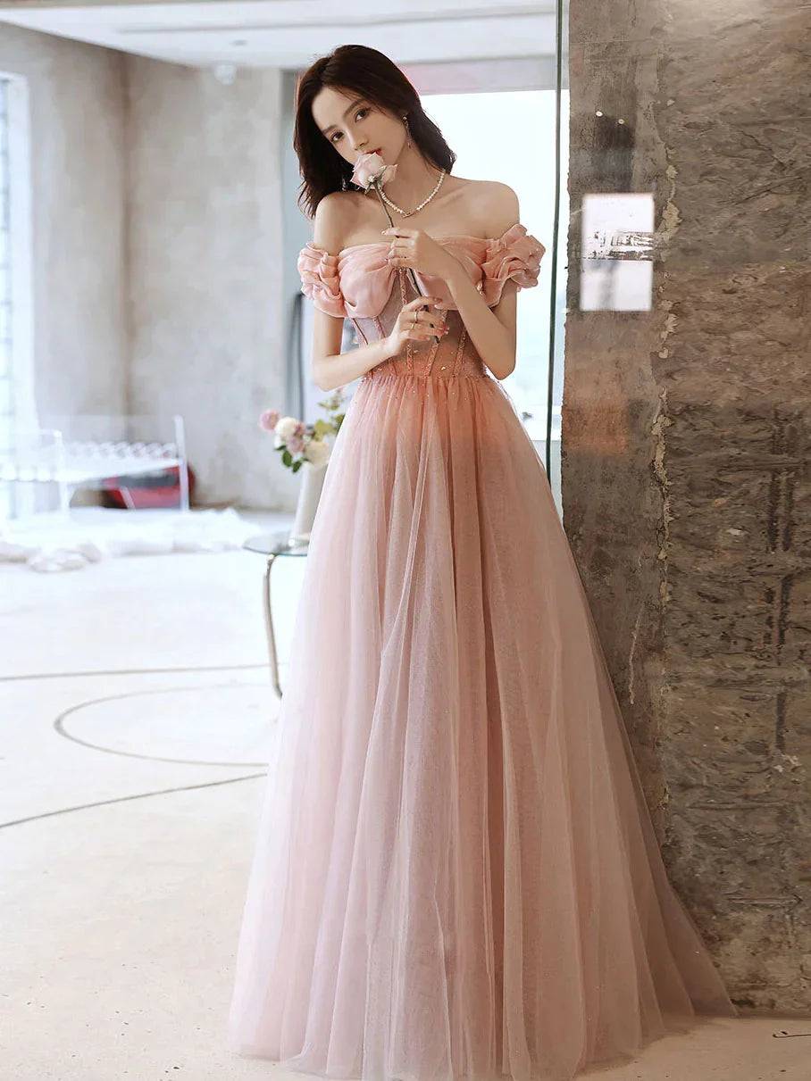 Vestido largo de fiesta rosa con cuello corazón, tul y cuentas, vestido de noche rosa, Y2406