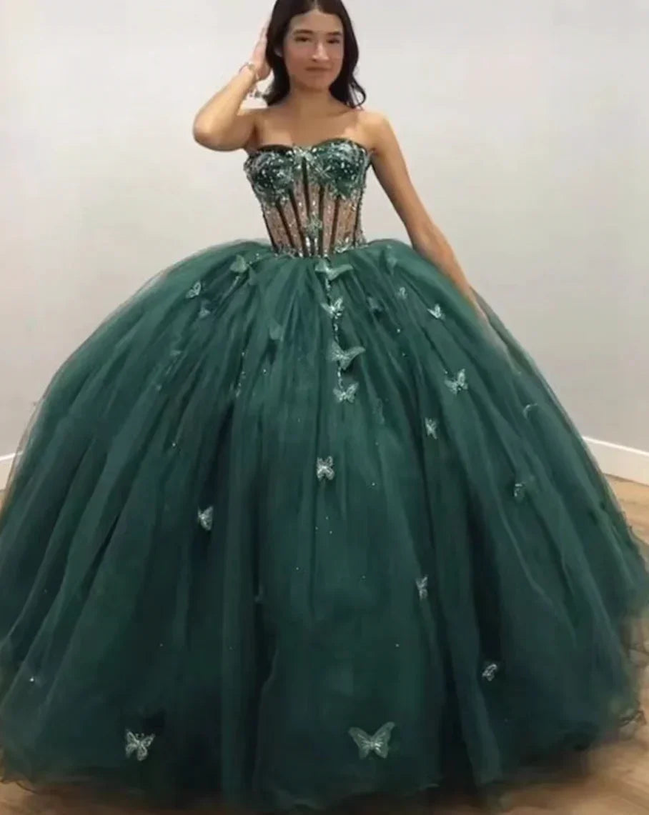 Vestido de Bola Verde de Tul con Mariposas, Vestido Dulce 16, Vestido Verde de Quinceañera Y2344