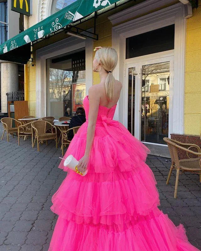 Vestido de Festa/Noite Longo Rosa Princesa Linha A Assimétrico Sem Alças com Folhos Y76