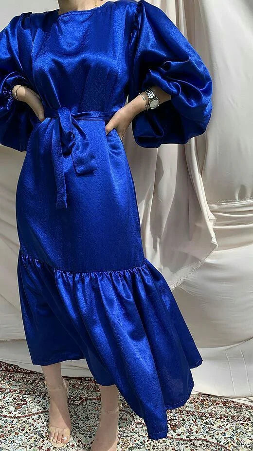 Abito da sera con maniche lanterna blu reale, abito semplice per feste Y5513