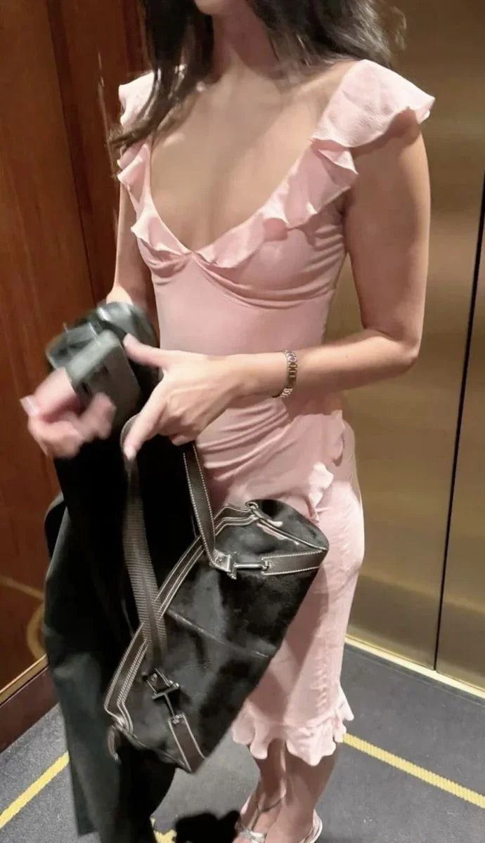 Vestito da sera rosa con scollo a V, volant in chiffon, elegante per ballo Y7875