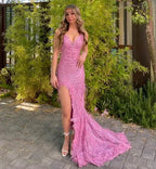 Abito da sera sirena lussuoso con paillettes rosa, pizzo e piume, spacco, abito da ballo Y7872