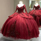 Abiti da Quinceañera Bordeaux Scintillanti con Maniche Lunghe, Corsetto allacciato, Fiori, Paillettes, Principessa, Vestito da Ballo Dolce 15 Y5388