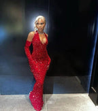 Vestido de Baile Vermelho com Lantejoulas, Alças ao Pescoço, Sexy para Rapariga Negra, Vestido Longo de Sereia para Noite Y7822