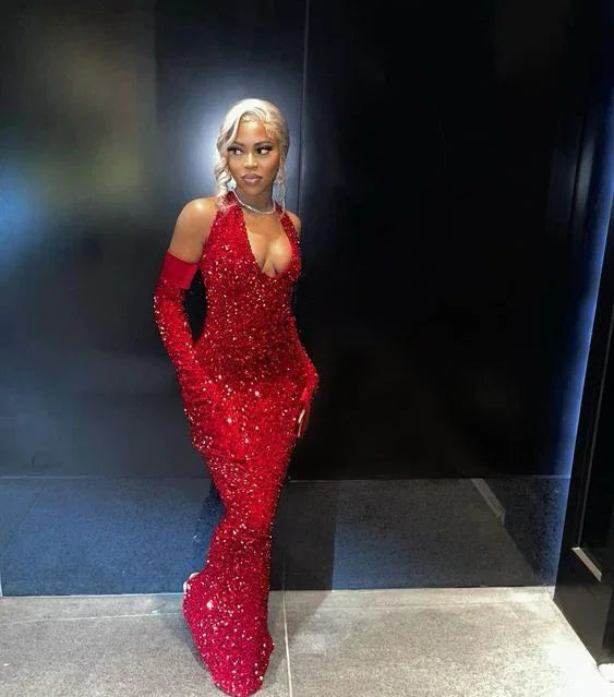 Vestido de Baile Vermelho com Lantejoulas, Alças ao Pescoço, Sexy para Rapariga Negra, Vestido Longo de Sereia para Noite Y7822