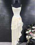 Vestido de Noite Elegante de Sereia em Chiffon Branco Vestido Longo de Baile com Folhos Y7716