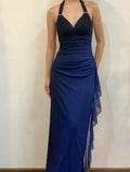 Vestido longo de festa e cerimónia azul-marinho ombré com decote em V e alças halter sexy em chiffon Y7486