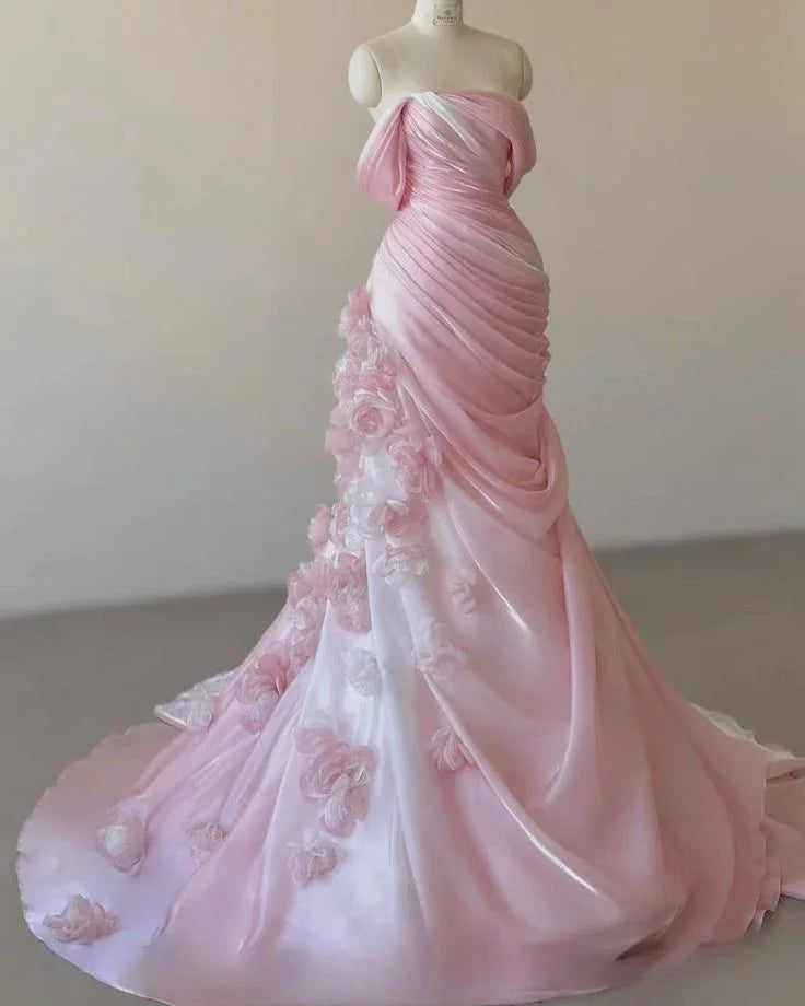 Vestido de Festa Sereia Rosa Bonito com Ombros Descobertos e Flores 3D Y8291
