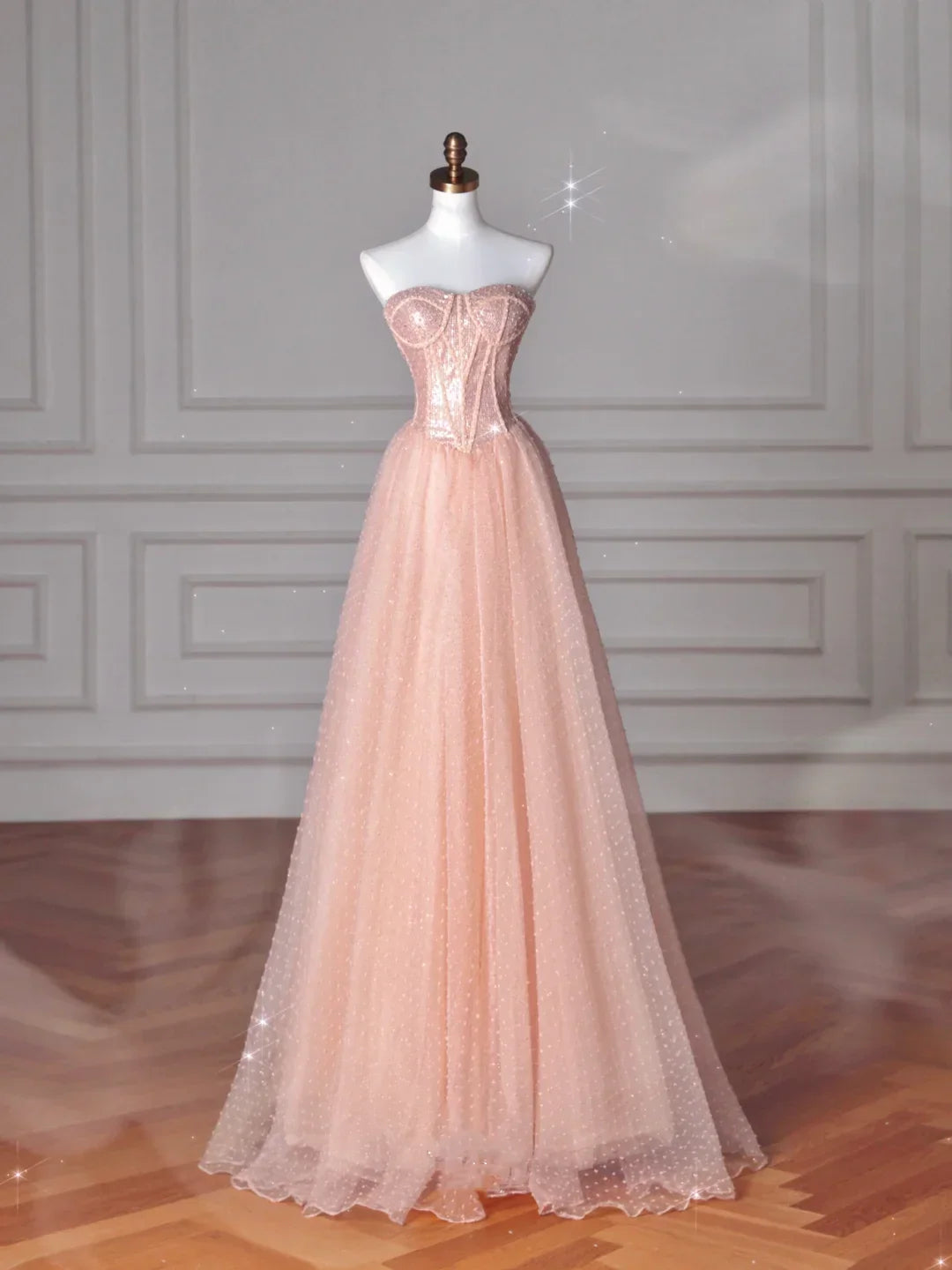 Abito lungo da sera e da ballo a linea A in tulle con paillettes rosa pesca senza spalline Y8645