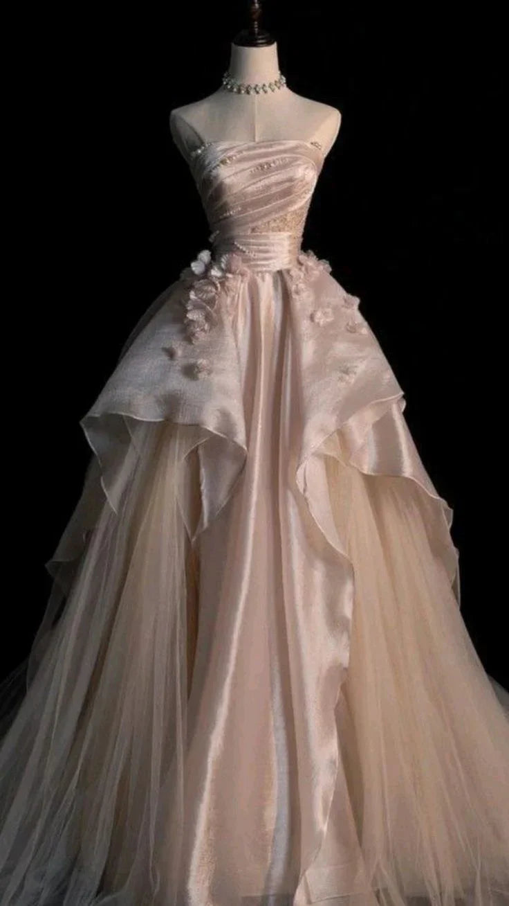 Abito da sera ampio rosa senza spalline a linea ad A in tulle Abito elegante Y6761