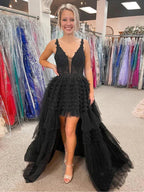 Vestidos longos de baile com decote em V, costas descobertas, bainha alta e baixa, bordados em renda preta, Vestidos formais pretos com costas descobertas, Vestidos de noite em renda preta Y1769