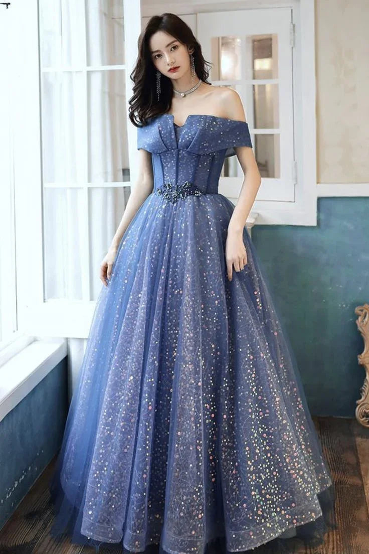 Robe longue de bal formelle en tulle bleu à paillettes Y4907