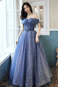 Robe longue de bal formelle en tulle bleu à paillettes Y4907