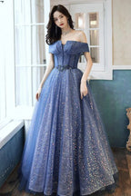 Robe longue de bal formelle en tulle bleu à paillettes Y4907