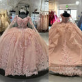 Abiti rosa per Quinceañera con spalle scoperte, fiori, applicazioni in pizzo, perline, gonfi, da festa, principessa, abito da ballo per dolce sedicesimo Y2936