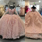 Abiti rosa per Quinceañera con spalle scoperte, fiori, applicazioni in pizzo, perline, gonfi, da festa, principessa, abito da ballo per dolce sedicesimo Y2936