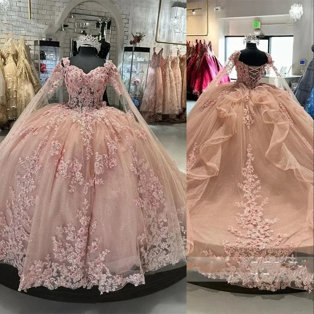 Abiti rosa per Quinceañera con spalle scoperte, fiori, applicazioni in pizzo, perline, gonfi, da festa, principessa, abito da ballo per dolce sedicesimo Y2936