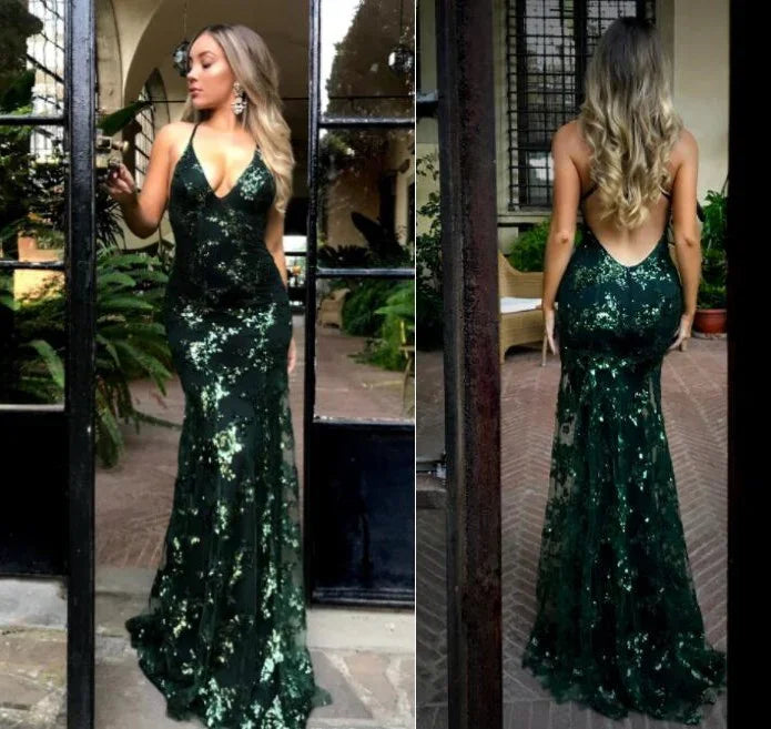 فستان سهرة أخضر مزين بالترتر تصميم جديد فستان سهرة لامع Y6652