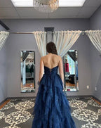 Sparkly Tulle Sequins Evening Dress Navy Blue A Line Prom Dress Y8146
