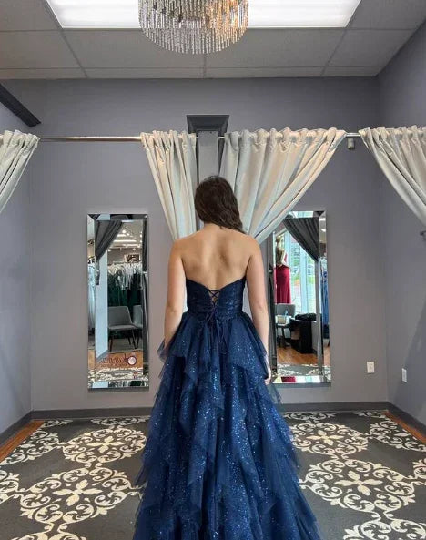 Sparkly Tulle Sequins Evening Dress Navy Blue A Line Prom Dress Y8146