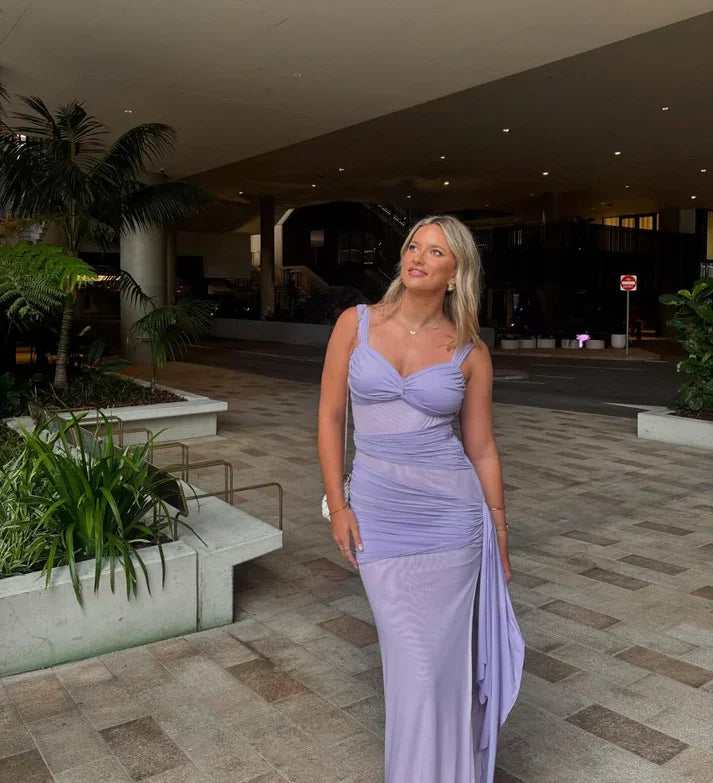 Vestido de Festa Elegante em Chiffon de Lavanda com Pregas, Modelo Tubinho com Fenda, Vestido de Noite Y8063