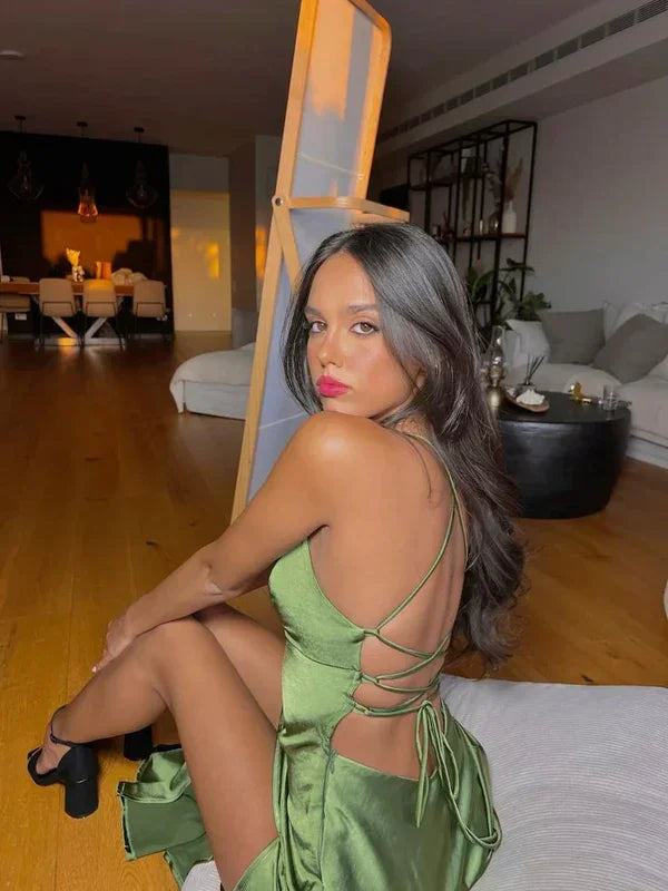 Robe de bal verte longue à fines bretelles spaghetti avec fente longue Y7912
