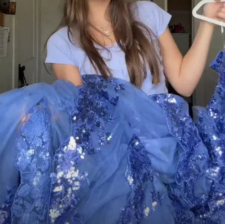 Abito da sera formale a strati con paillettes di tulle blu scintillante e spacco, abito da ballo Y7961