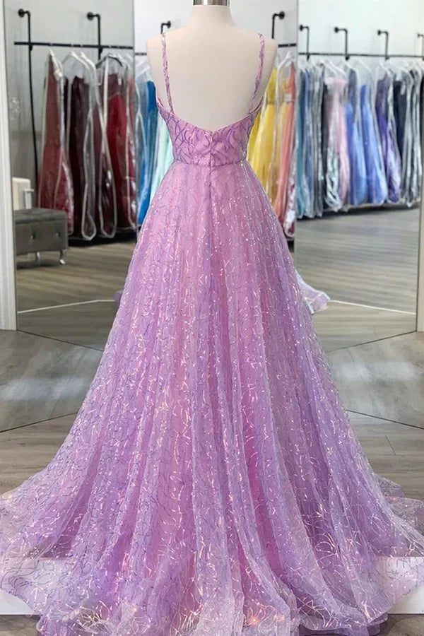 Vestido longo roxo brilhante para baile de finalistas com decote em V e costas descobertas Vestido formal roxo para cerimónia de graduação Y917