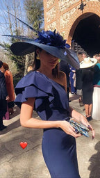 Vestito da sera elegante con balza e una spalla blu navy per ballo Y5870