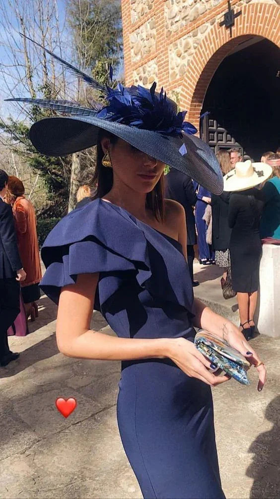 Vestito da sera elegante con balza e una spalla blu navy per ballo Y5870