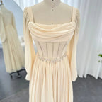 Robe de soirée arabe midi courte beige avec ceinture, manches longues, longueur thé, robes formelles pour femmes, mariage, fête Y4847