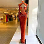 Elegante abito lungo da sera in velluto arancione bruciato Abito da concorso Y991