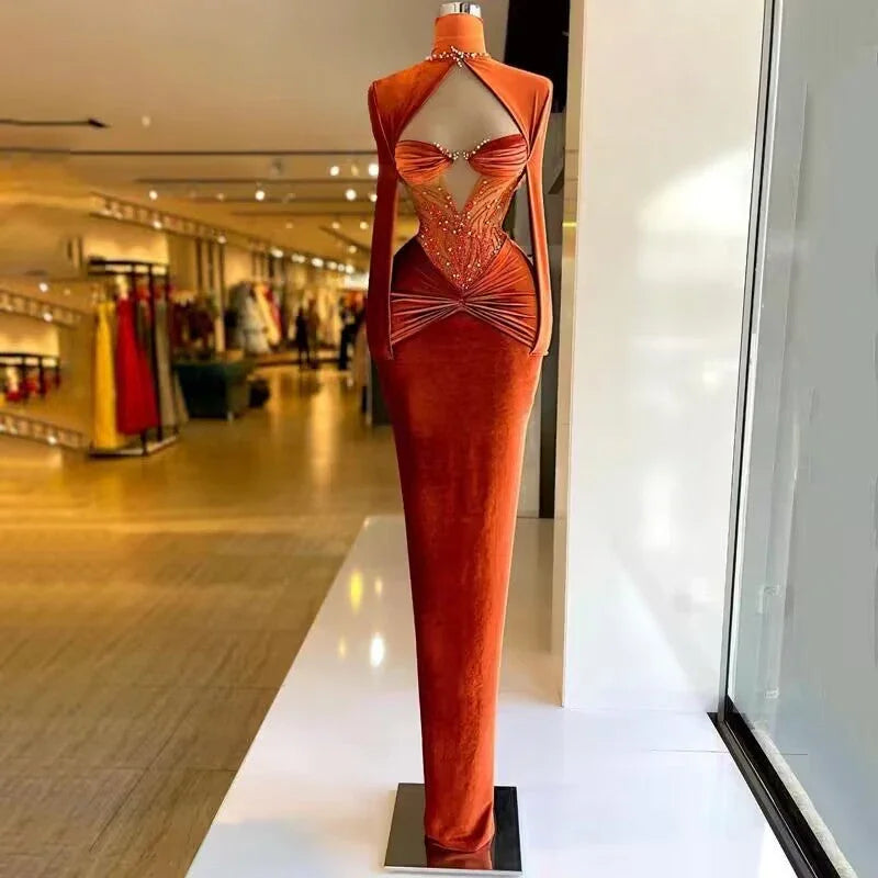 Elegante abito lungo da sera in velluto arancione bruciato Abito da concorso Y991