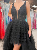 Vestidos longos de baile com decote em V, costas descobertas, bainha alta e baixa, bordados em renda preta, Vestidos formais pretos com costas descobertas, Vestidos de noite em renda preta Y1769
