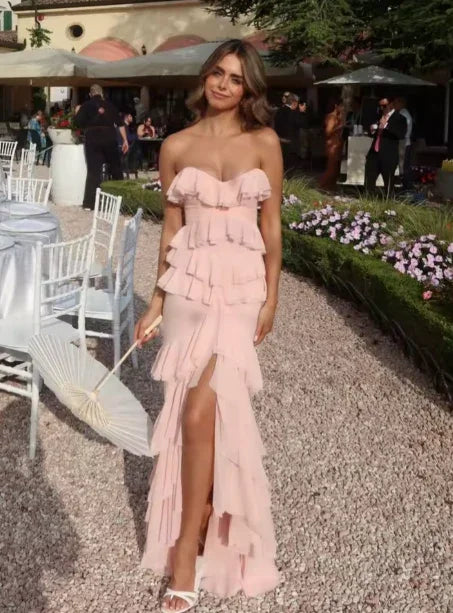Incantevole abito da sera rosa con balze di chiffon a più strati, spacco, modello sirena, abito da festa Y8006