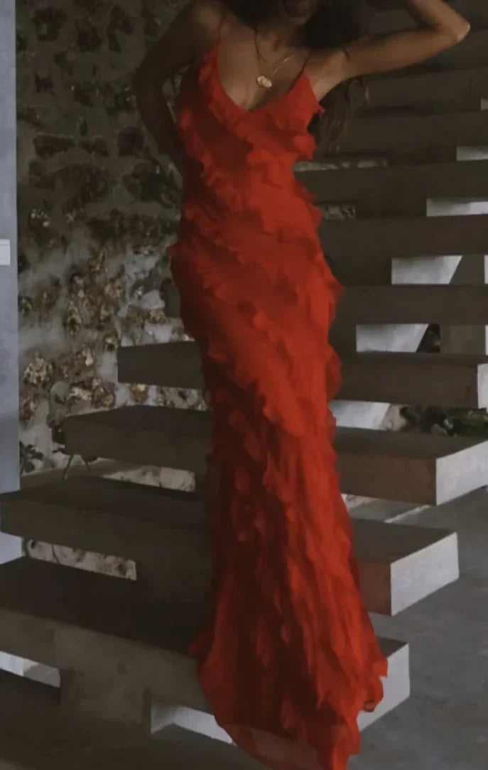 Abito lungo formale da sera con balze rosse Elegante abito da sera Y7979