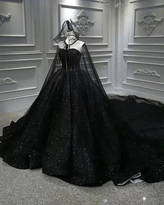 Abito da ballo nero lucido senza spalline con paillettes, abito da principessa per il ballo di fine anno Y56