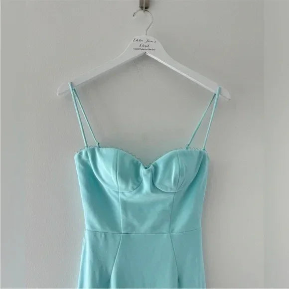 Abito da sera elegante in raso blu con spalline sottili Y8232