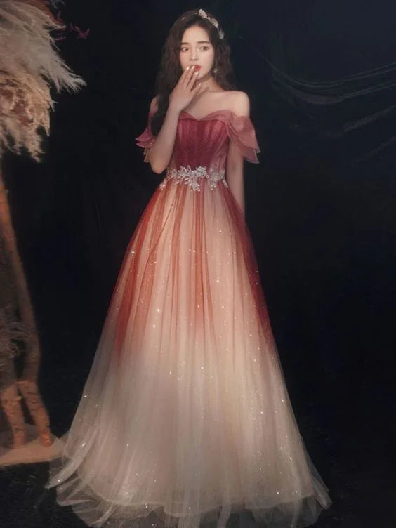 Abiti lunghi da sera con paillettes e tulle carini, linea a trapezio, sfumati, modello Y5850
