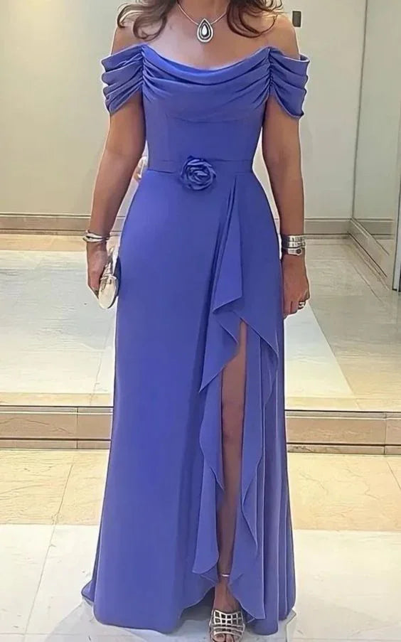 Abito da Sposa Madre con Spacco Laterale in Lavanda, Abito Plissettato per Invitata al Matrimonio, Scollo a Spalle Scoperte, Chiffon, Linea A, Abito da Sera Y6050