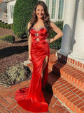 Red Mermaid Strapless V Neck Beaded Long Prom Dress With Slit