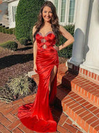 Red Mermaid Strapless V Neck Beaded Long Prom Dress With Slit