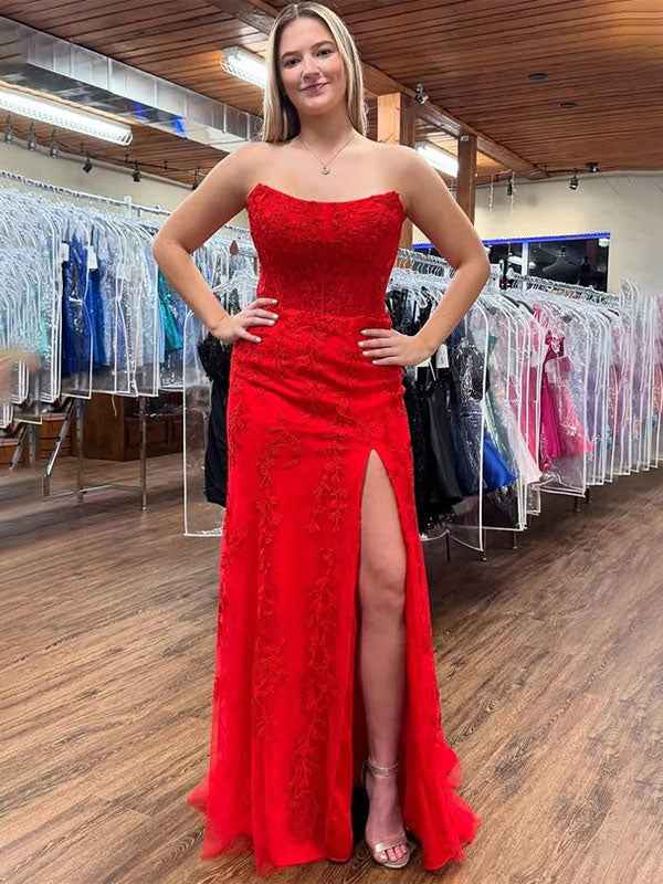 Red Strapless Mermaid Prom Dress With Lace Appliques