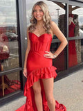 Fiery Red Satin Strapless Mermaid Prom Dress With Ruffles And Train