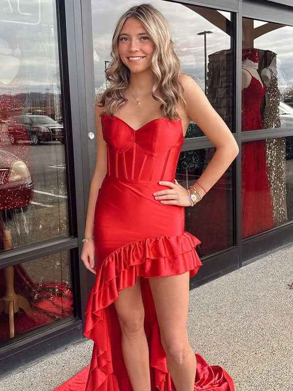 Fiery Red Satin Strapless Mermaid Prom Dress With Ruffles And Train
