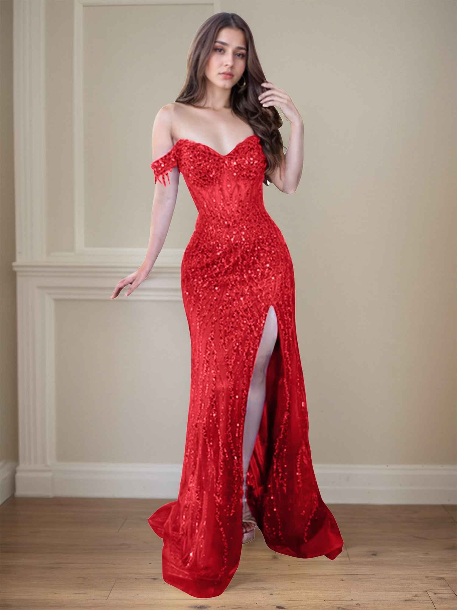 Red Off The Shoulder Beaded Tulle Long Prom Dress